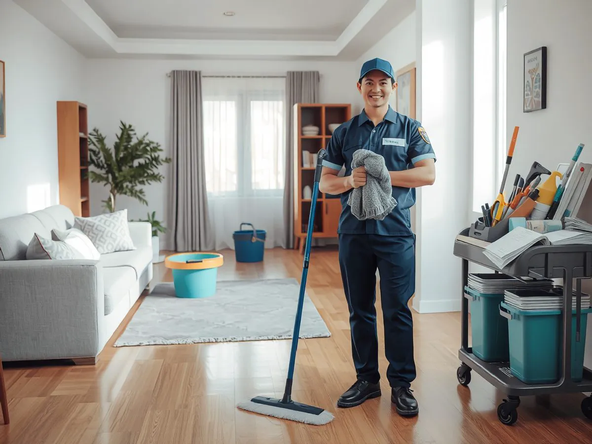 满意清洁日常保洁服务场景，清洁人员在明亮的客厅中准备工具